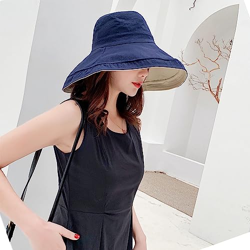 Women Wide Brim Sun Hats Metal Wired Edge Summer UV Protection Beach Fishing Hat for Hiking Garden Travel Chin Strap - color: Lant001-navy, size: One Size