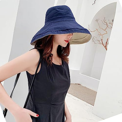Women Wide Brim Sun Hats Metal Wired Edge Summer UV Protection Beach Fishing Hat for Hiking Garden Travel Chin Strap - color: Lant001-navy, size: One Size