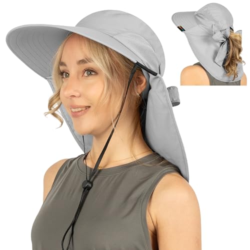 SUN CUBE Wide Brim Sun Hat with Neck Flap for Men Women, UPF50+ Fishing - color: Light Grey With Bow