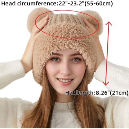 Womens Winter Knitted Beanie Hat with Double Faux Fur Pompom Fuzzy Warm Knit Ski Skull Cap for Women - color: Khaki