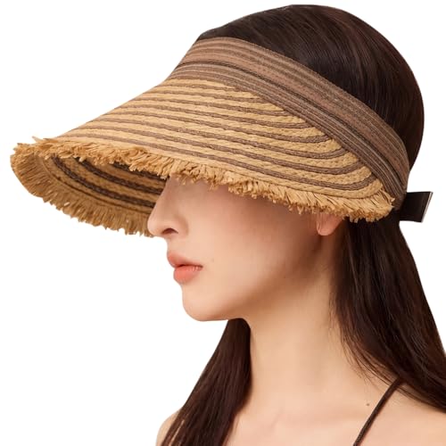Straw Sun Visor Summer UV Protection Packable Wide Brim Beach Hat Ponytail Women - color: A-coffee