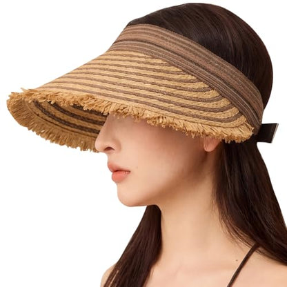 Straw Sun Visor Summer UV Protection Packable Wide Brim Beach Hat Ponytail Women - color: A-coffee