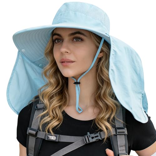 HUAMULAN Women Men Wide Brim Sun Hat Hiking Fishing Hats with Neck Flap - color: Blue With Mesh Panel