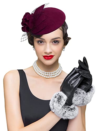 Women's Vintage 100% Wool Felt Cloche Bucket Bowler Hat Winter Vintage Bow Fedoras Church Fascinator - color: 02-wine