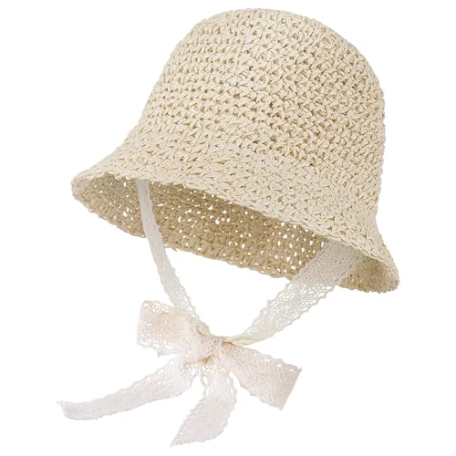 Baby Girl Straw Sun Hat, Toddler Summer Beach Hat, Soft Foldable Infant Sun Hat with Lace Bowknot, Outdoor UV Protection Cap - color: Beige
