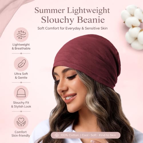 vidsel 100% Cotton Slouchy Beanie, Lightweight Summer Hats for Women Men - color: 1pc Wine Red, size: Medium