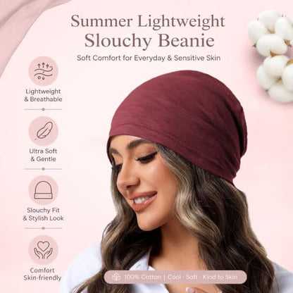 vidsel 100% Cotton Slouchy Beanie, Lightweight Summer Hats for Women Men - color: 1pc Wine Red, size: Medium