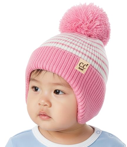 Funky Junque Baby Pom Pom Beanie – Soft Knit Infant Winter Hat for Baby Girls & Boys, Cozy Warm Newborn Beanie 0–12 Months - color: Striped Earflap - Light Pink/White