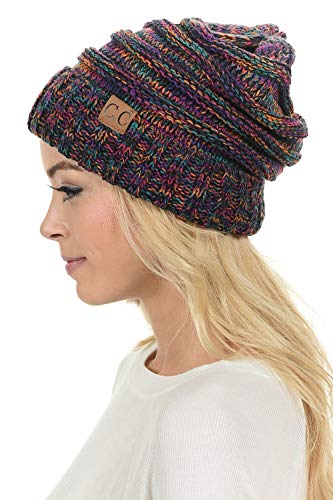 C.C Hat-100 Oversized Baggy Slouch Thick Warm Cap Hat Skully Cable Knit Beanie - color: Black Multi Mix