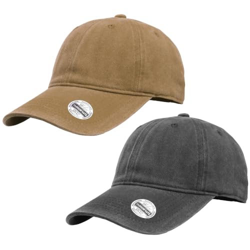 Falari Vintage Washed Cotton Baseball Caps, Original Classic Adjustable Size Low Profile Unconstructed Distressed Dad Hat - color: 2pk - Black & Khaki