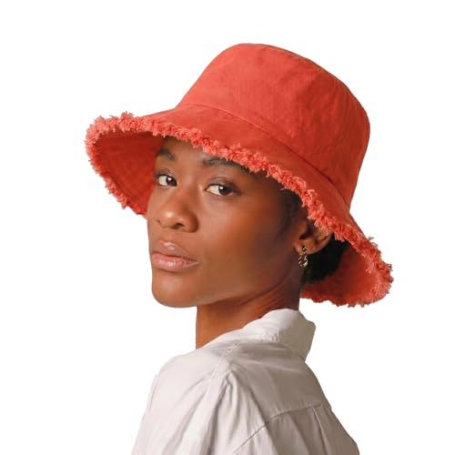 CHOK.LIDS Frayed Bucket Hat Washed Cotton Floppy Wide Brim Boonie Cap - color: Coral