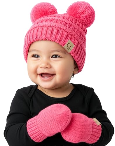 Funky Junque Baby Double Faux Fur Pom Pom Beanie & Mittens Set – Newborn Infant 0–9 Months Winter Hat with Soft Lined Mittens - color: Candy Pink (0-9 Months)