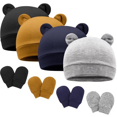 Newborn Baby Hat and Mittens Set Bear Ears Toddler Infant Beanie Caps Newborn Hospital Hat for Baby Boy Girl 0-3 Months - color: Bear Ear N