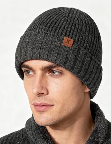 Winter Beanies Hats for Men, Knit Fleece Beanie Skull Caps, Mens Toboggans Ribbed Cuffed Stocking Hat - color: Dark Gray