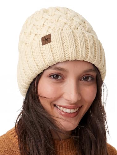 Winter Hats for Women Cable Knit Chunky Skull Cap Fleece Lined Thick Fold Cuff Beanie hat - color: Oatmeal, style: Pineapple