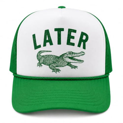 Later Gator Trucker Hat for Men & Women Funny Foam Front Classic 5 Panel Snapback - color: White/Kelly Green