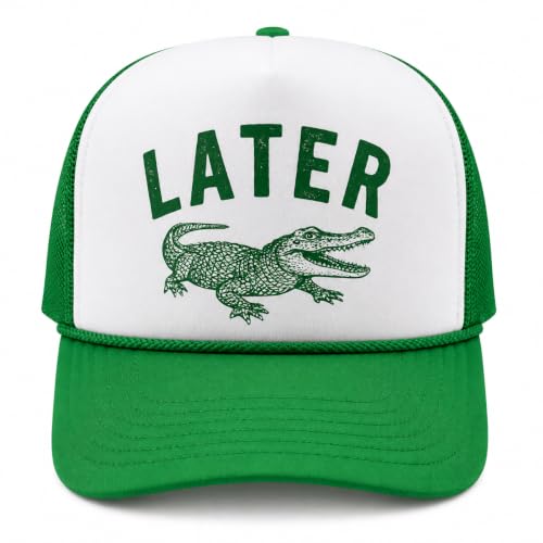 Later Gator Trucker Hat for Men & Women Funny Foam Front Classic 5 Panel Snapback - color: White/Kelly Green
