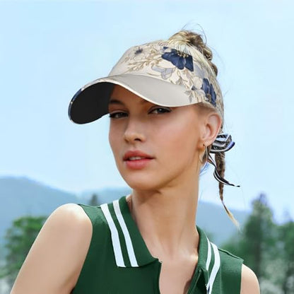 Unisex Sports Sun Visor Hats Adjustable Lightweight Packable Printed Empty Top Cap for Running Pickleball Golf Tennis - color: Elegant Navy Blue Flower