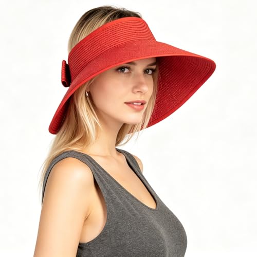 Sun Visor Hats Summer Wide Brim Clip on Beach Adjustable Large Brim Cap Golf Hat for Women - color: Black+red