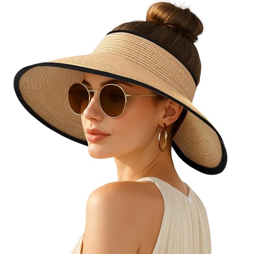 Women's Sun Visor Hats Wide Brim Straw Beach Hat Ponytail Hats for Women Foldable Floppy - color: 1pack-khakiblack