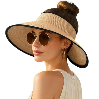 Women's Sun Visor Hats Wide Brim Straw Beach Hat Ponytail Hats for Women Foldable Floppy - color: 1pack-khakiblack