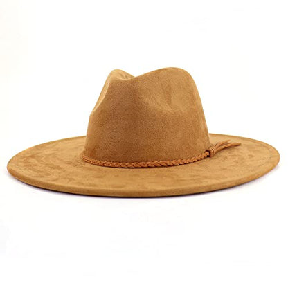 LIDHAY Big Wide Brim Fedora Hats for Women Men Western Suede Hat Large Felt Panama Hat Rancher Hat - color: Khaki