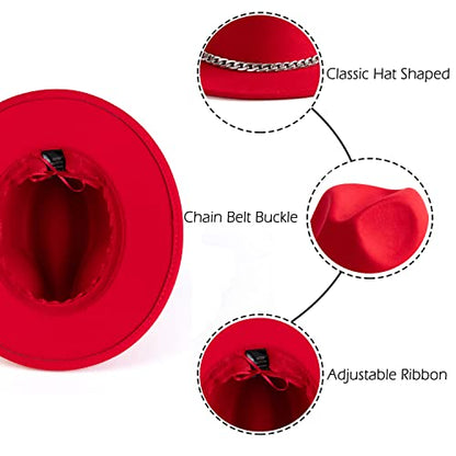 Women Men Wide Brim Fedoran Hat with Chain Belt Buckle - color: Red