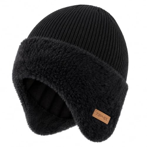 TOP-EX Waterproof Ear Flap Beanie, Big Head Fit, Polartec Fleece, Merino - color: Black, size: Medium-Large