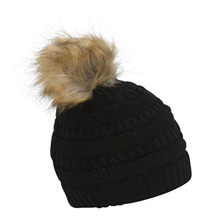 Gravity Threads Cable Knit Faux Fur Pom Pom Beanie Hat - color: Black