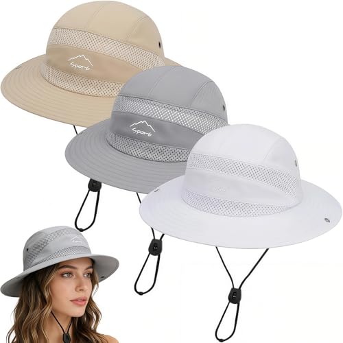 3Pcs Sun Bucket Hats for Women Men, Breathable Wide Brim UV Protection Fishing Hat Summer Outdoor Beach Hiking Hats - color: Beige + Light Grey + White