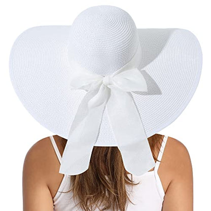 Lanzom Womens 5.7 Inches Big Bowknot Straw Hat Large Floppy Foldable Roll up Beach Cap Sun Hat UPF 50+ - color: White