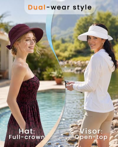 CHUNG 2 Pack Women Sun Visor Hat Wide Brim Summer UV Protection Zip-Off - color: White/Burgendy