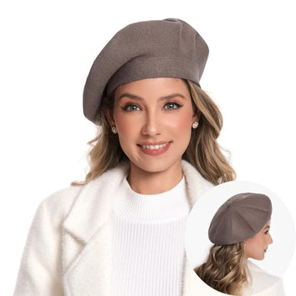 Women's Knitted Beret, French Style Double Layer Winter Autumn Warm and Soft Beanie Hat Cap - color: Light Coffee
