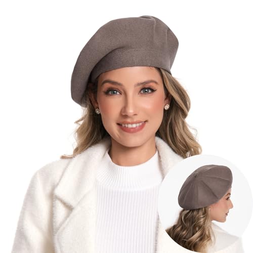 Women's Knitted Beret, French Style Double Layer Winter Autumn Warm and Soft Beanie Hat Cap - color: Light Coffee