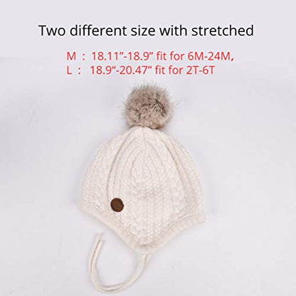 Toddler Baby Boys Girls Winter Hat Kids Ear Flap Warm Fleece Lined Knit Beanie Fur Pom Hat - color: White With Faux Fur Pompom, size: 6-24 Months