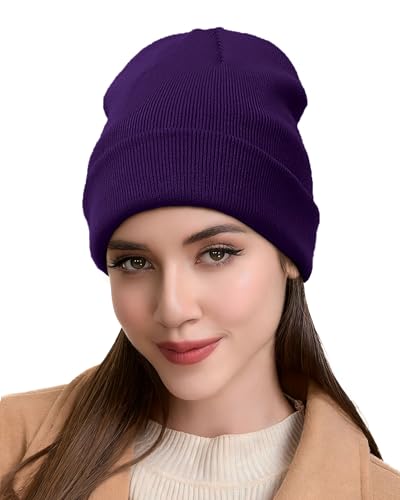 ROYBENS Satin Lined Beanie Hat for Women Men, Wool Knit Cuffed Winter Hats - color: 1pcs Dark Purple