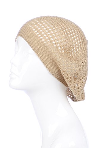 an Womens Lightweight Cut Out Knit Beanie Beret Cap Crochet Hat - Many Styles - color: Beige Open Knit