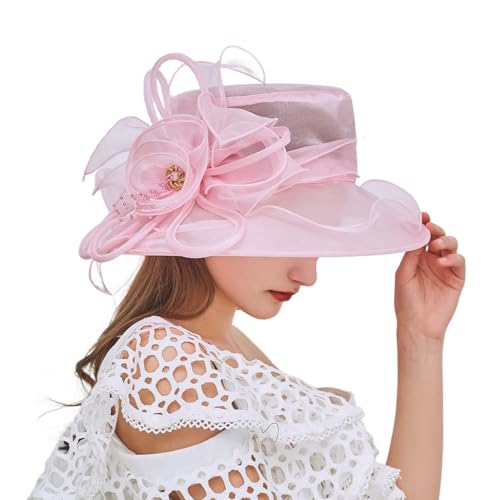Derby Hats for Women 2026 Women's Elegant Organza Kentucky Fascinator for Church, Tea Party, Weddings Hats - color: F1-pink