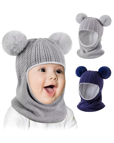 Baby Winter Hat Scarf Set 2 Pack, Toddler Beanie Hats Girl Boy with Neck Warmer, Beanie for Kids Knit Warm for Cold Weather - color: Gray&navy, size: 6-36 Months