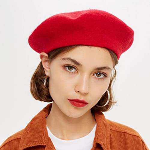 Women French Wool Beret Hats - Solid Color Classic Beanie Winter Cap - color: Red