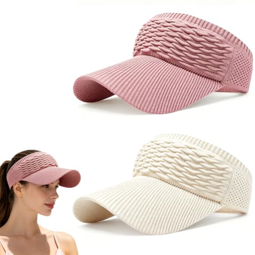 2Pcs High Ponytail Sun Visor Hat, Women's Sun Visor Hats, Knitted Breathable Wide Brim UV Protection Cap - color: Off-white + Pink