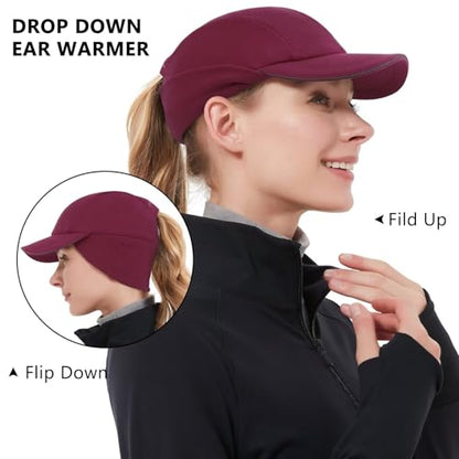 GADIEMKENSD Women's Winter Reflective Fleece Ponytail Hat with Drop Down Ear Warmer - color: Wine Red, size: 7-7 1/8
