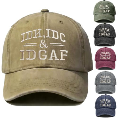 IDK IDC & Idgaf Hat Embroidered Hat, Humorous Funny Attitude Adjustable Distressed Baseball Dad Gift Hat - color: Iggaf Khaki