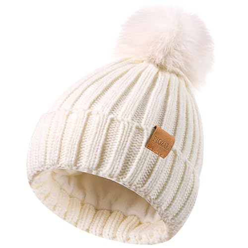 Womens Winter Beanie Hat Fleece Lined Warm Skull Cap with Faux Fur Pom Cuff Knitted Hat for Women - color: White