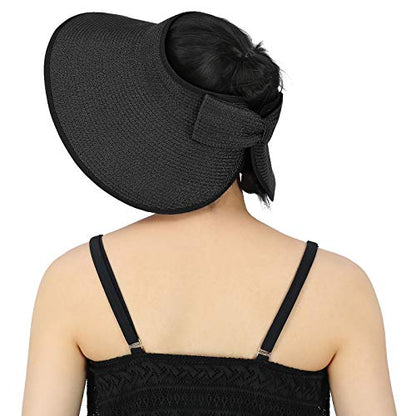 HDE Sun Visor for Women Roll Up Packable Ponytail Beach Sun Hat with Bow - color: Black