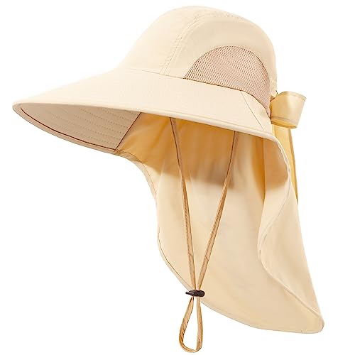 Womens Sun Hat UV Protection, Foldable Waterproof Wide Brim Bucket Hats with Neck Flap for Summer Beach Fishing Hiking - color: Beige