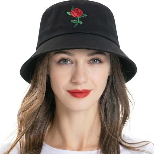 ZLYC Cotton Bucket Hat for Women Men Embroidered Packable Summer Sun Cap - color: Rose Black