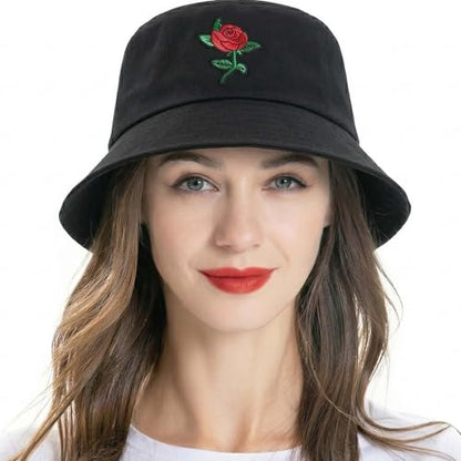 ZLYC Cotton Bucket Hat for Women Men Embroidered Packable Summer Sun Cap - color: Rose Black