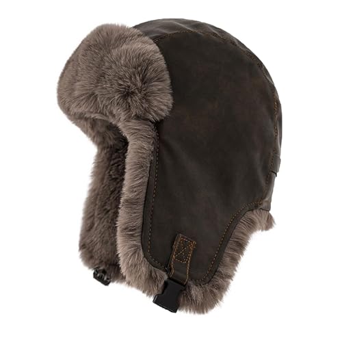 Winter Waterproof Trapper Hat,Women Men Faux Fur Bomber Hat, PU Leather Thermal Aviator Cap, Skating Skiing Hunting Hat - color: Green