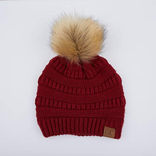 C.C Fur Pom Winter Fall Trendy Chunky Stretchy Cable Knit Beanie Hat - color: Solid Burgundy